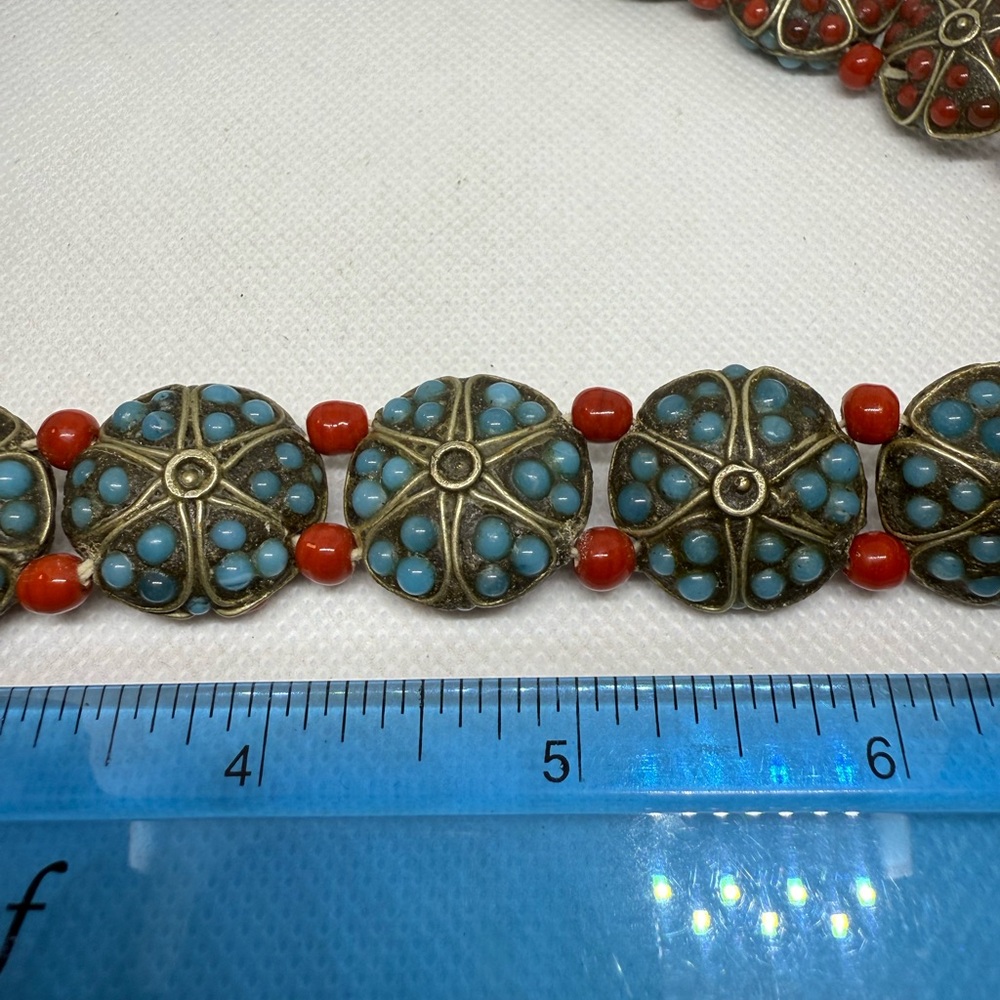 Vtg Nepalese Tibetan Red Coral & Turquoise Handmade Beaded Necklace Reversible - Picture 8 of 10